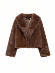SHIBASHAN 冬季时尚短款人造毛皮夹克翻领长袖毛绒保暖外套 - 棕色 - 查看 8