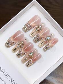 纯手工制作可佩戴美甲，棺材形美甲；手绘猫眼镶嵌水钻个性化秋冬美甲；高品质设计美甲，全覆盖假指甲，Y2K美甲，独特小众创意假指甲，按压式美甲，手工按压式美甲 - 彩色 - 查看 5