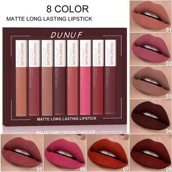 DUNUF Set de 8 piezas/Set de 8 colores de brillo de labios mate y oscuro de larga duración, a prueba de manchas, adecuado para uso diario, trabajo, viajes, Navidad, regalo de vacaciones para amigos y novias