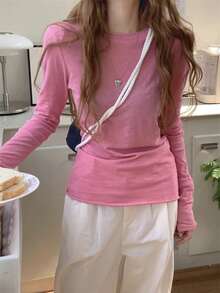 宽松卷边长袖T恤，轻薄面料，修身版型，可作内搭 - 粉色 - 查看 1