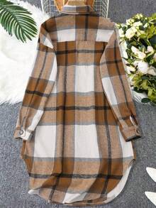 女士简约格纹纽扣领长袖衬衫式外套，休闲秋冬春季装 - 彩色 - 查看 3