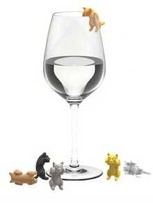 6个可爱睡衣猫咪酒杯标记装饰，彩色饮料标记，硅胶酒杯吊坠标签，杯子识别吊坠标签，可重复使用的玻璃饮料识别标签，适用于高球杯、香槟杯、鸡尾酒杯、马提尼杯（颜色随机），适合户外、露营、派对、生日和日常装饰 - 彩色 - 查看 3