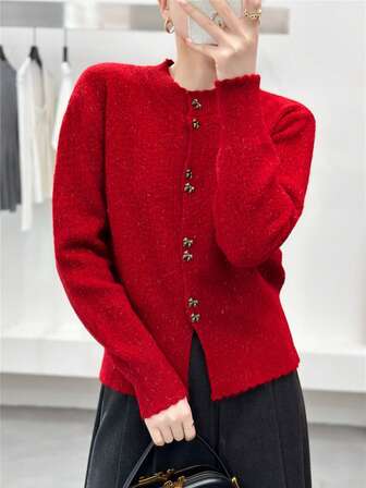 Wixra French Retro Bow Button Red Knitted Cardigan Sweater For Women, Slim Fit, Soft & Cozy, Versatile Autumn/Winter Outerwear