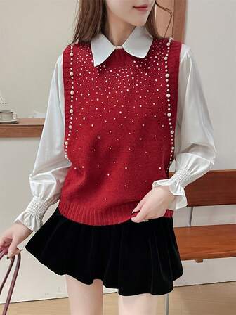 Wixra Serie Otoño/Invierno 2025 Chaleco elegante y versátil con cuentas para mujer, cárdigan sin mangas de punto transpirable con diseño de cristal, prenda para capas