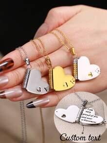 Customized Stainless Steel Couple Book Pendant Necklace, Customized Multi-Page Book Pendant Necklace, Engraved Heart Text Necklace, Women Sweater Chain - Love Book - Interlocking - View 2