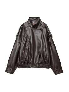 女士立领PU皮夹克，时尚优雅长袖休闲拉链外套 - 棕色 - 查看 2