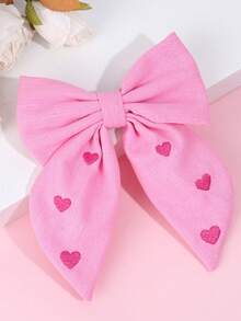1个女童粉色蝴蝶结发夹，甜美爱心印花设计，纯色缎面鳄鱼夹，可爱闪亮发饰，适合日常佩戴、生日派对、作为礼物 - 彩色 - 查看 1