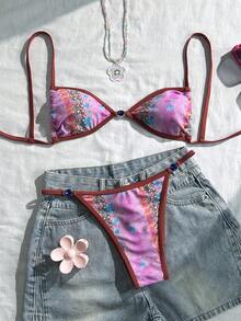 女士性感露背系带比基尼套装，波西米亚风格，中等弹力面料比基尼 - 彩色 - 查看 4