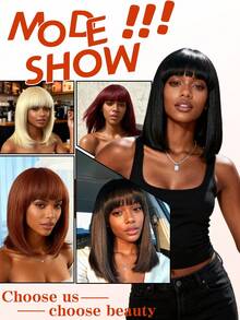 16 Inch Light Straight Bob Wig With Bangs Synthetic Wig Realistic Short Black Bob Wigs, Cut Bob Wig Glueless - Multicolor - View 8