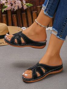 Women's Symmetrical Vamp Simple Solid Color Round Toe Platform Wedge Comfortable Lightweight Slip-On Sandals, Casual Beach Vacation Wear, Black