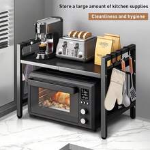 Space-Saving Expandable Microwave Oven Rack With Knife & Board Holder, Carbon Steel Kitchen Storage Shelf For Countertop Small Kitchen - Negro - Ver 7