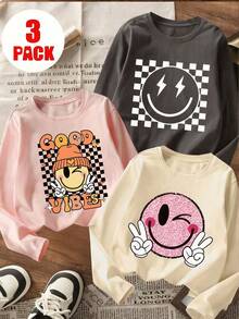 三件套少女印花长袖T恤套装，适合秋冬季叠穿，年轻学生服装，可作外衣或内搭。
