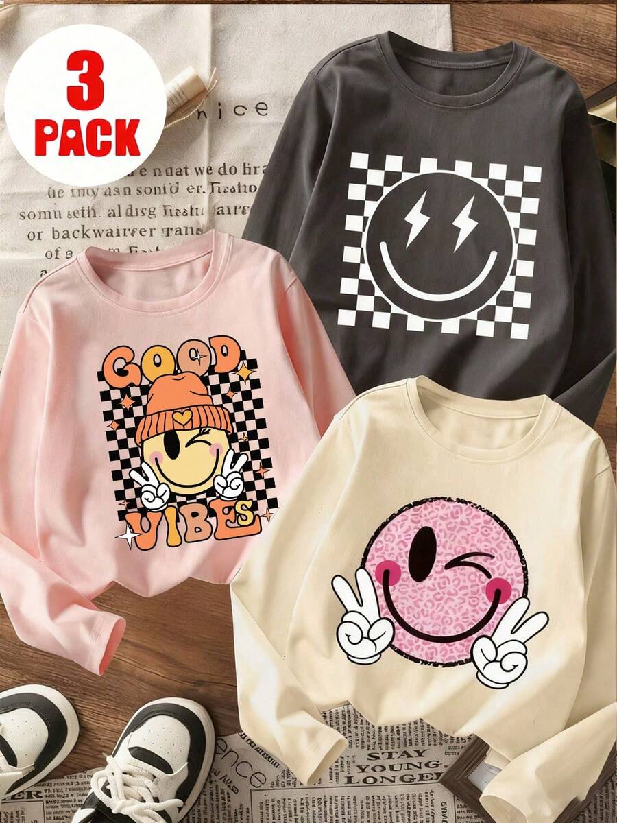 三件套少女印花长袖T恤套装，适合秋冬季叠穿，年轻学生服装，可作外衣或内搭。