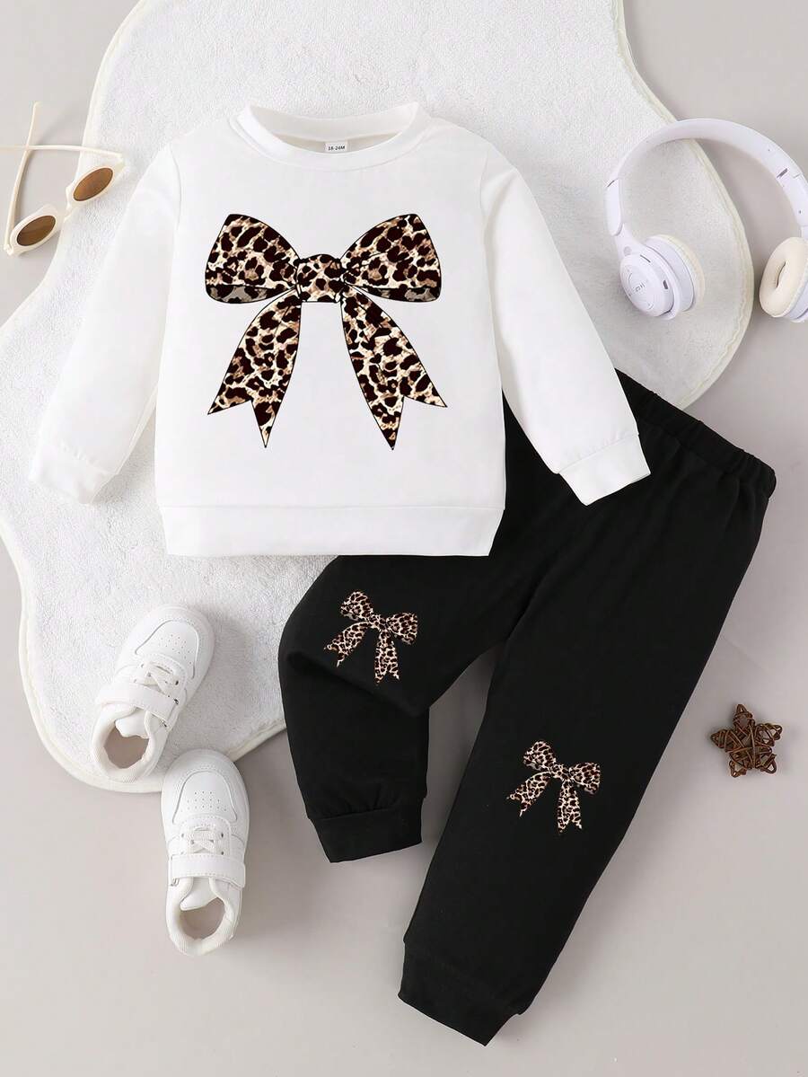 Baby GirlCasual Fashionable Leopard Print Bow Long Sleeve Top And Pants Set, Spring/Autumn - White - View 1