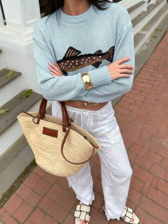 Cozy Plus Size Knitwear Sweater Featuring A Unique Fish Graphic Long Raglan Sleeve And Rib-Knit Trim Pullover For Everyday Style