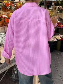 Look Polly 女士爱心印花粉色条纹长袖衬衫，单排扣休闲时尚款，春夏穿着，带口袋设计，返校季必备，复古风条纹衬衫，适合日常休闲和海滩度假穿着。 - 粉色 - 查看 5