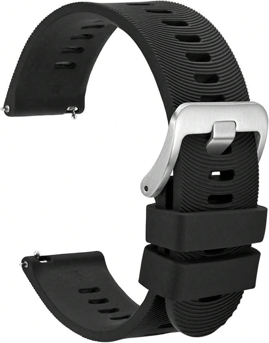 Correa de Reloj de Silicona de 26mm con Rayas Arqueadas para Hombres, Correa de Liberación Rápida, Hebilla Negra (Negro) - Negro (Hebilla plateada) - Ver 1