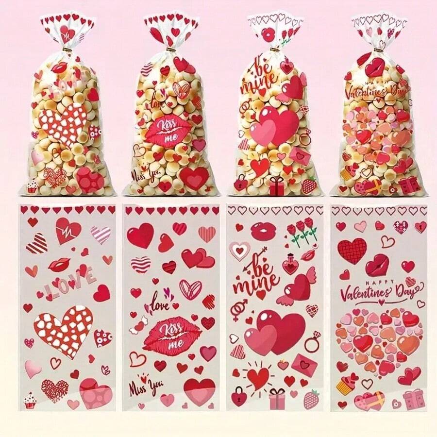 50 chiếc túi quà tặng hình trái tim và môi nhiều màu sắc dành cho Ngày Valentine, túi đựng kẹo, đồ ăn nhẹ, thực phẩm, đồ dùng tiệc tùng bằng nhựa bền, túi quà tặng Ngày Valentine, phù hợp cho người tổ chức sự kiện và những người yêu thích kẹo. - Nhiều màu - Xem 1