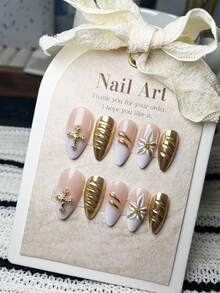 10 piezas Juego de pegatinas de uñas con forma de almendra hechas a mano, diseño de lunares en rosa nude, marrón y blanco, arte de uñas dulce y retro, adecuado para uso diario, fiestas y diversos estilos, uñas postizas reutilizables, uñas de aplicación, pegatinas de uñas con forma de almendra, puntas francesas en rosa nude, blanco y dorado, decoración de estrellas y metal, arte de uñas minimalista de lujo - Caqui - Ver 3