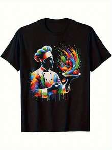 T-shirt d'art éclaboussure de chef pour hommes - Design vibrant de chef avec motif de chef et d'oiseau, tissu doux et extensible, col rond lavable en machine pour les chefs professionnels et les cuisiniers amateurs, vêtements de cuisine colorés pour le printemps, l'été et l'automne - Noir - Voir 1