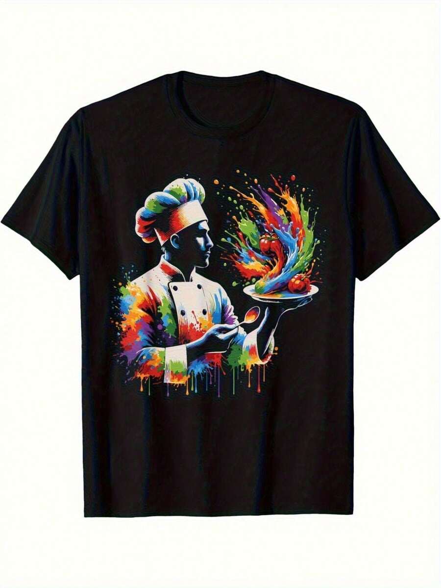 T-shirt d'art éclaboussure de chef pour hommes - Design vibrant de chef avec motif de chef et d'oiseau, tissu doux et extensible, col rond lavable en machine pour les chefs professionnels et les cuisiniers amateurs, vêtements de cuisine colorés pour le printemps, l'été et l'automne - Noir - Voir 1