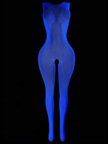Salopetă sexy din plasă fluorescentă, albastru strălucitor, albă, culoarea luminii zilei, dintr-o singură bucată, cu detalii din dantelă și design fără picioare, pentru petrecere, club de noapte și festivaluri - alb - Vizualizare 6