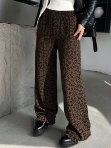 Livesso 女士豹纹荷叶边阔腿裤 豹纹裤 动物纹裤 猎豹纹裤 豹纹裤 棕色豹纹裤 秋季 - 棕色 - 查看 6