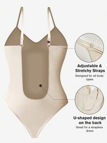 1pc Plus Size Women Slimming Backless Seamless Bodysuit, Sexy One-Piece Lingerie Shapewear For Summer, Under Dress - Apricot - View 3