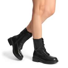 Women's Mid-Calf Combat Motorcycle Boots, Side Zipper Classic Chunky Heel, Lace-Up, Holiday Commuting Winter Shoes - màu đen - Xem 4