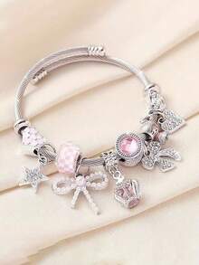 Elegant Princess Style Pink Butterfly Pendant Fully Rhinestoned High Heel Ballet Heart DIY Bangle, Suitable For Daily Wear, Festivals, Parties, Gifts