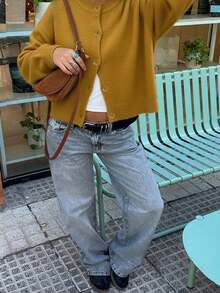 Knit Mix 优雅女士法式宽松针织开衫，适合圣诞节、感恩节、新年等节日，时尚长袖圆领毛衣，休闲纯色开衫，秋冬季必备。 - 深黃色 - 查看 3