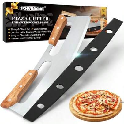 14'' Pizza Cutter Rocker With Wooden Handles - Sharp Stainless Steel Pizza Slicer With Comfort Cover - Large Pizza Knife Cutter Wheel - Easy To Use And Clean - Slice Pizza With Ease