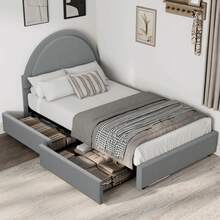 Meiyiu Twin/Full/Queen Size Bed Frame With Storage Drawers, Upholstered Boucle Platform Bed With Round Headboard, Heavy Duty & Noise Free, No Box Spring Needed - Grey-Twin - Xem 1