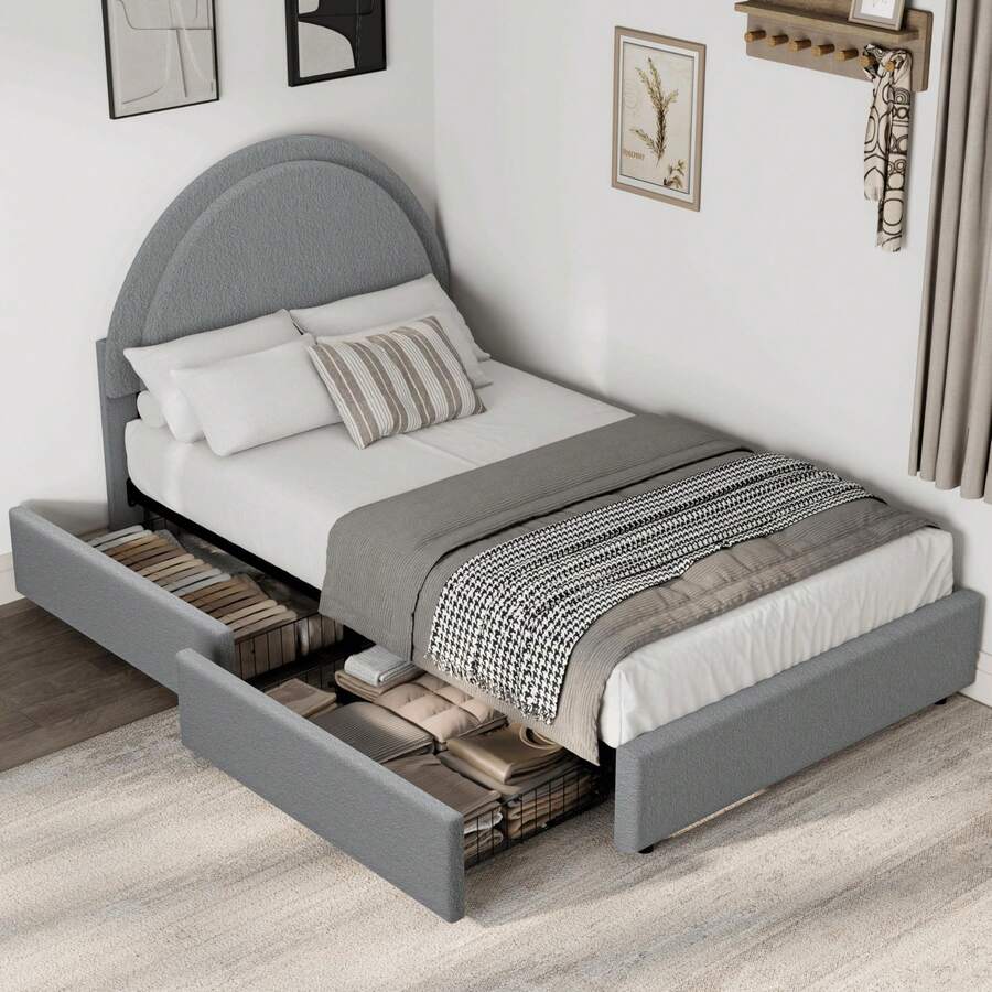 Meiyiu Twin/Full/Queen Size Bed Frame With Storage Drawers, Upholstered Boucle Platform Bed With Round Headboard, Heavy Duty & Noise Free, No Box Spring Needed - Grey-Twin - Xem 1