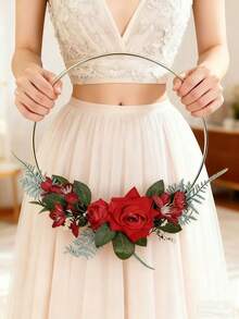 1件全新手工花环，优雅新娘捧花，仙女风悬挂装饰，室内铁艺伴娘花环，花冠，头饰，头饰 - 紅色 - 查看 1