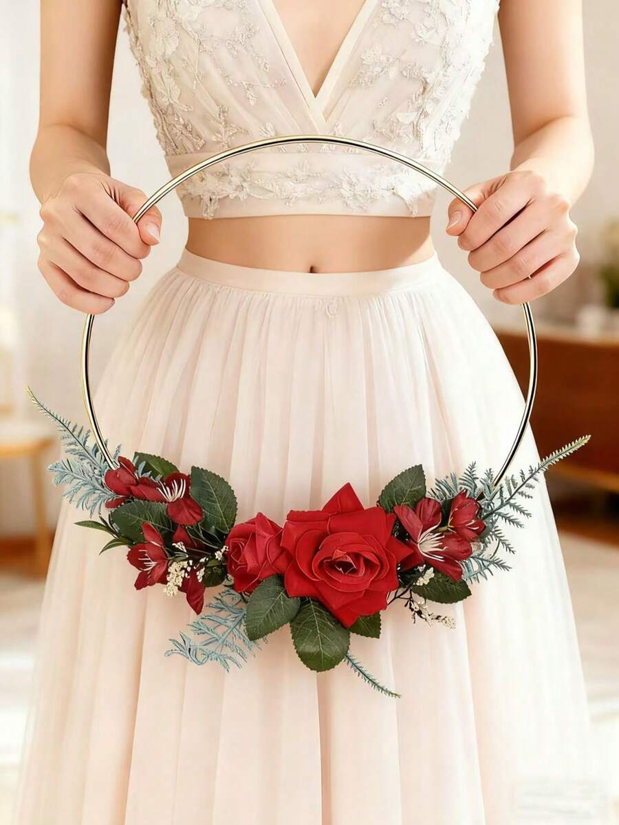 1件全新手工花环，优雅新娘捧花，仙女风悬挂装饰，室内铁艺伴娘花环，花冠，头饰，头饰 - 紅色 - 查看 1