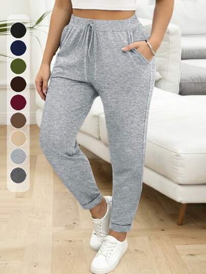Plus Size Women Skinny Leggings, Straight Elegant Pants, Soft Stretchy Casual Trousers, Suitable For Spring, Summer, Autumn Commuting, Slim Fit With Pockets