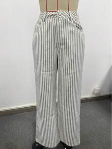 Women's Vintage Striped Straight Leg Woven Fabric Pants With Zipper And Pockets, Long Trousers, Non-Stretch - Multicolor - View 1