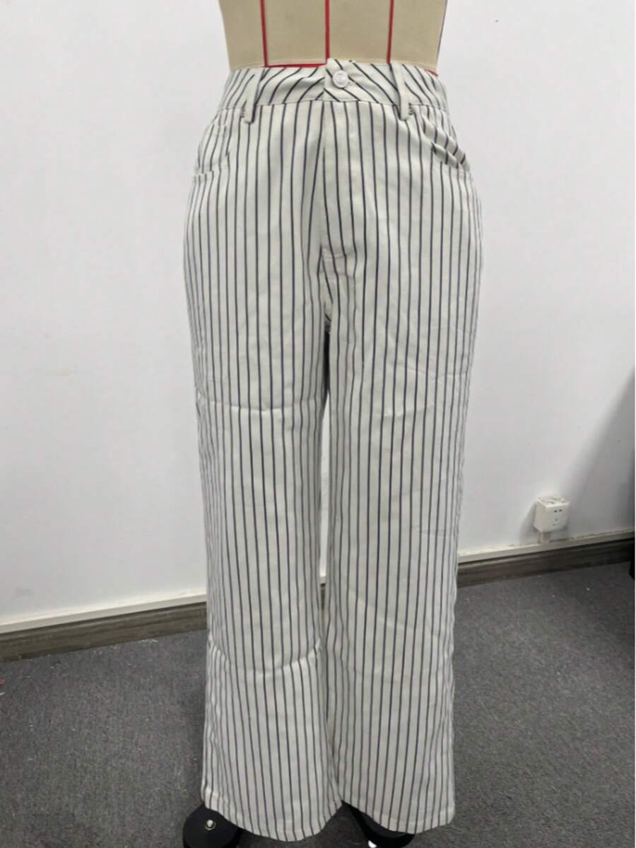 Women's Vintage Striped Straight Leg Woven Fabric Pants With Zipper And Pockets, Long Trousers, Non-Stretch - Multicolor - View 1