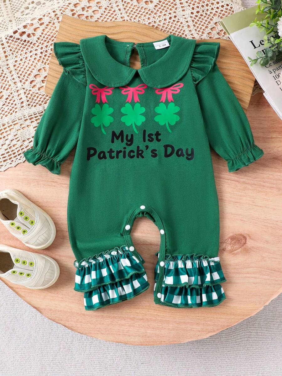 1pc Toddler Girls' Cute Fresh Floral Peter Pan Collar Long Sleeve Romper, Clover Design, Spring/Autumn - Green - View 1