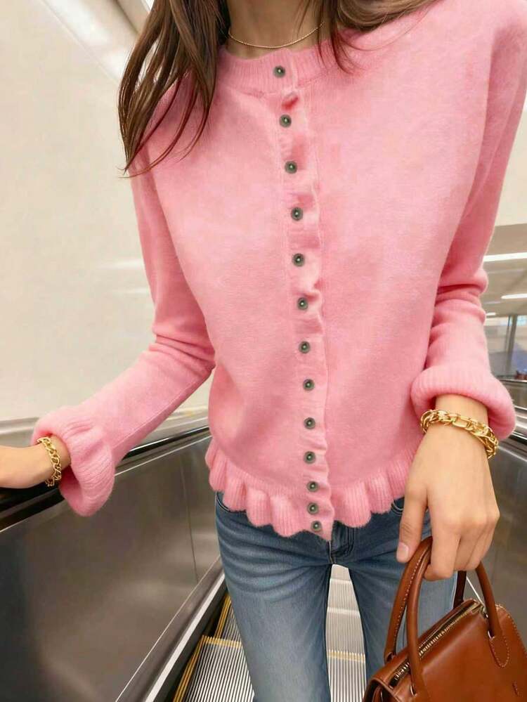 2025 New Elegant Women Round Neck Ruffle Layered Pleated Knit Sweater, Versatile Casual, Autumn/Winter, Solid Gray - Pink - View 10