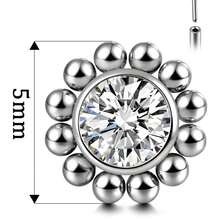 Giga 1PC ASTM F136 钛金属 16G 迷你串珠唇钉，无螺纹 CZ 花朵平底耳钉，适用于耳屏、耳软骨、耳廓、鼻部等部位的穿孔，经典款，女士适用 - 銀色 - 查看 4