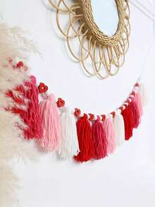 1pc Boho Style Valentine'S Day Heart Garland - Red, Pink, White Fabric Tassel Banner, Romantic Wall Hanging Decor, Multipurpose No-Electricity Festive Ornament For Home Atmosphere, Ideal Gift For Valentine'S Day