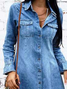 Women's Button Down Denim Dress - Long Sleeve Ruffle Cuff Dress With Chest Pocket, Casual Elegant Style - Medium Wash - View 3