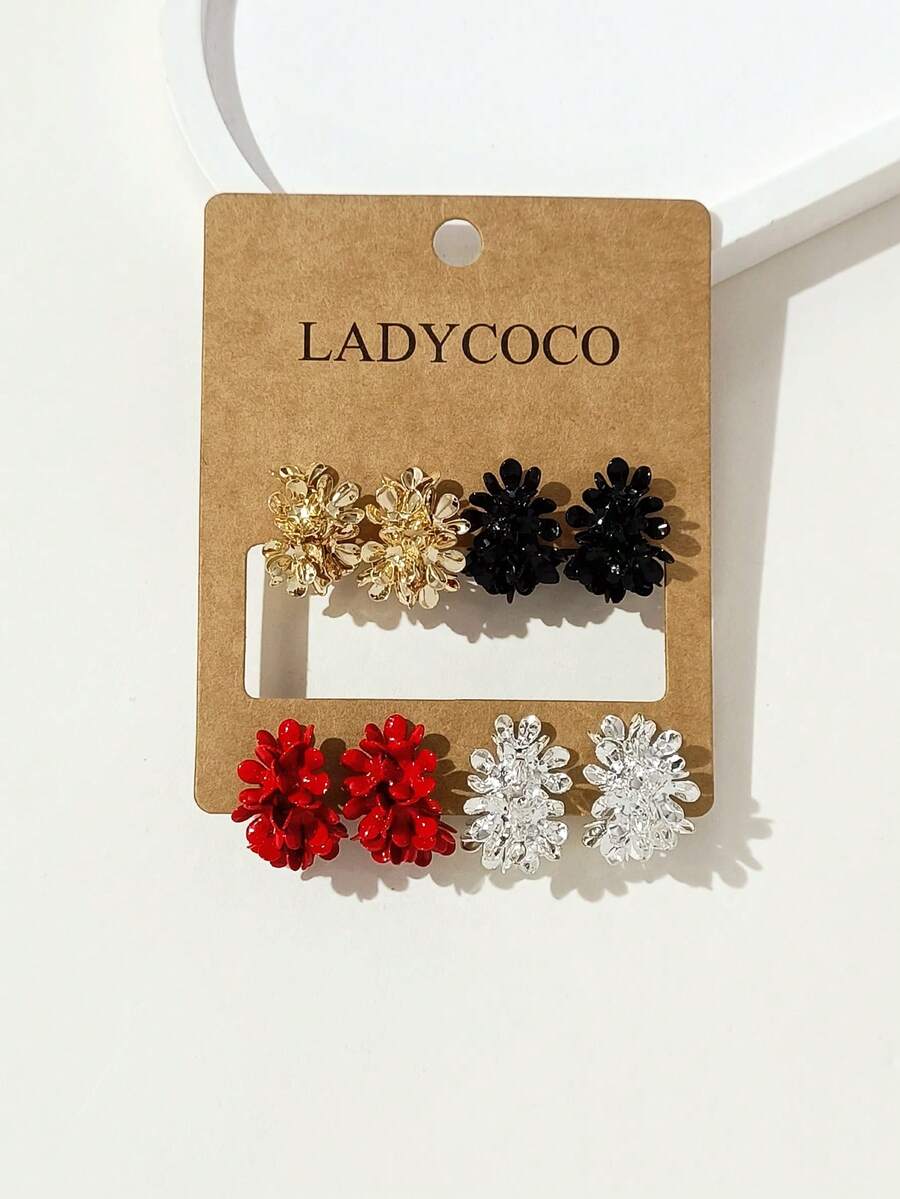 LADYCOCO 4 Pairs Fashionable Elegant Unique Multi-Color Layered Flower Earrings Set For Women - Multicolor - View 1
