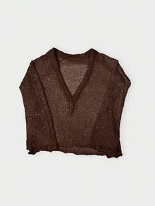 Yuwenier Sexy Plunging Neck Hollow Out Seethrough Sequin Crochet Cover-Up Batwing Long Sleeve Loose Fit Tops Going Out Party Halloween Outfits For Women - Brown - View 5