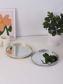 1pc Iron Art Gold/Silver Crown Edged Mirror Tray, European Style Glass Vanity Tray For Home Living Room Coffee Table, Luxury Feeling Tea Cup Plate Jewelry Cosmetic Storage Tray, Home Decor Bathroom Bedroom Candle Holder Tray ,Room Decor - Multicolor - View 6