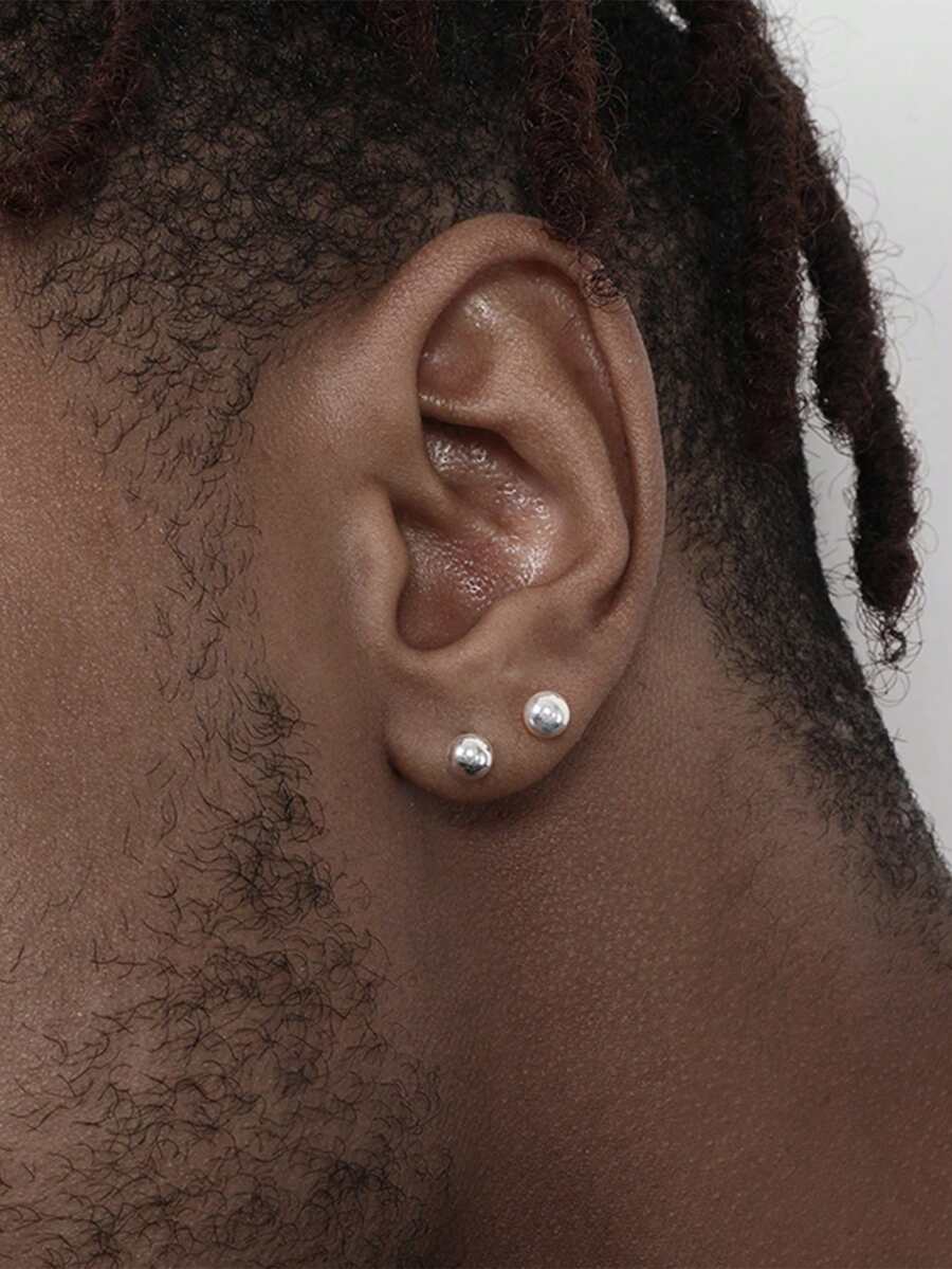 2 piezas Pendientes de bola lisa de acero inoxidable para hombres - Plateado - Ver 1