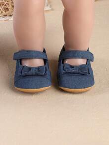 1 Pair Girls' New Bow Hook And Loop Canvas Casual Flat Shoes, Solid Color Baby Shoes Suitable For Spring & Autumn - Blue - View 6