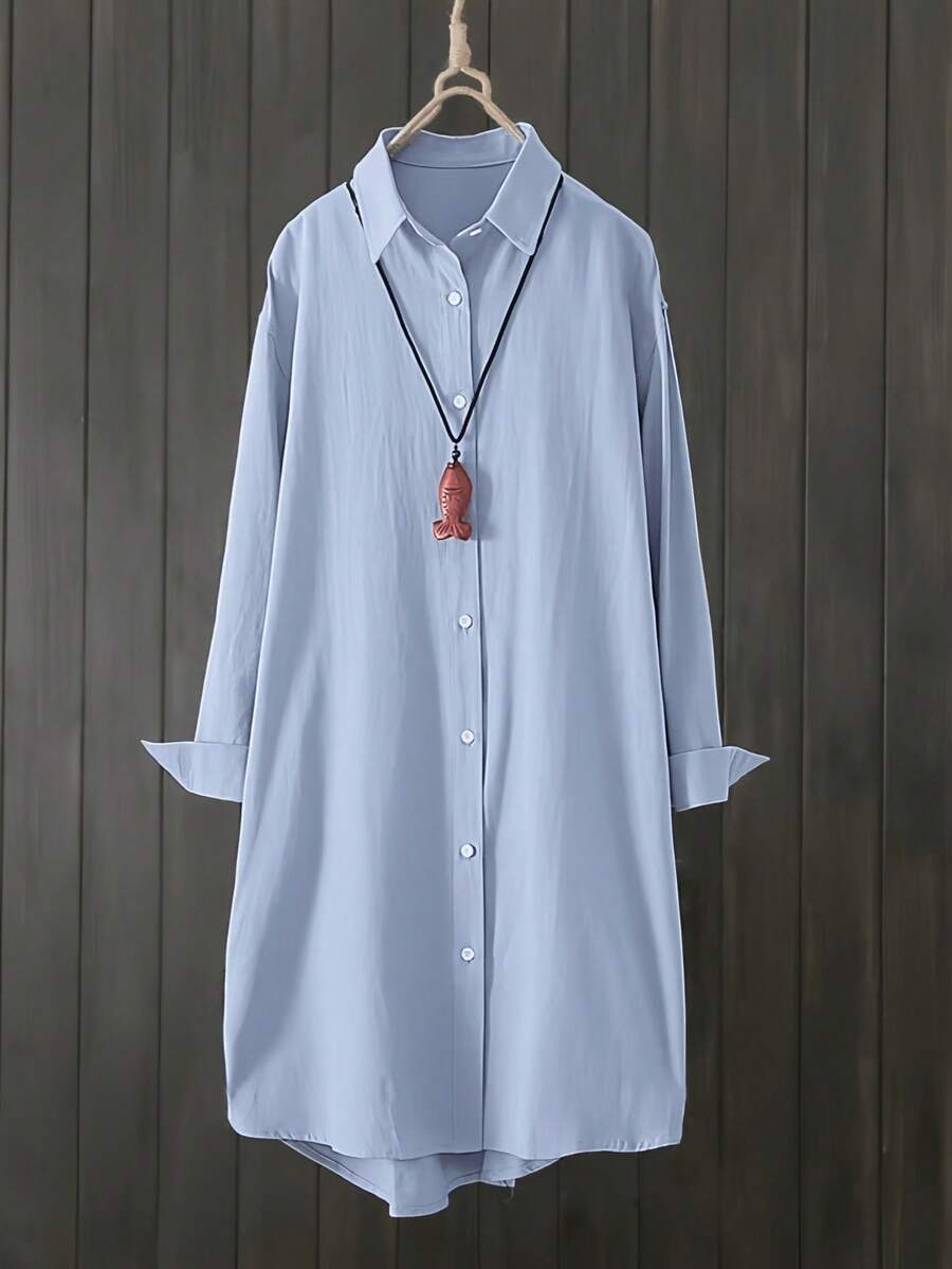 Women's Long Sleeve Drop Shoulder Shirt, Asymmetric Hem And Button Details, Non-Stretch Polyester Fabric - Blue - View 1